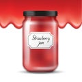 Vector realistic glass jar with strawberry jam and flowing jam in the background Royalty Free Stock Photo