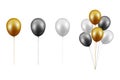 Vector Realistic Glossy Metallic Gold, Black, White Balloon Set Closeup Isolated on White Background. Bunch, Group