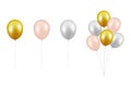 Vector Realistic Glossy Metallic Golden, Pink, White Balloon Set Closeup Isolated on White Background. Bunch, Group