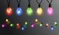 Vector realistic glowing colorful christmas lights in seamless pattern and individual hanging light bulbs isolated on dark