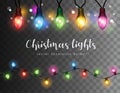 Vector realistic glowing colorful christmas lights in seamless pattern and individual hanging light bulbs isolated on dark backgro Royalty Free Stock Photo