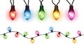 Vector realistic glowing colorful christmas lights in seamless pattern and individual hanging light bulbs isolated on white backgr Royalty Free Stock Photo