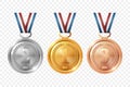 Vector Realistic Golden, Silver, Bronze Award Medal Icon Set, Closeup, Isolated. First, Second, Third Place Prizes Royalty Free Stock Photo