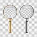 Vector realistic golden and silver magnifiers isolated on transparent background. Royalty Free Stock Photo