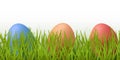 Vector realistic grass seamless border with painted easter eggs isolated on white background Royalty Free Stock Photo