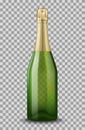 Vector Realistic green with gold closed Champagne bottle isolated on transparent background. Mockup template blank for Royalty Free Stock Photo