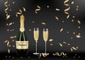 Vector Realistic green with gold label Champagne bottle, glasses with sparkling white wine on black shine background