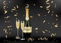 Vector Realistic green with gold label Champagne bottle, glasses with sparkling white wine on black shine background with confetti Royalty Free Stock Photo