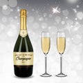 Vector Realistic green with gold label Champagne bottle and glasses with sparkling white wine isolated on white shine