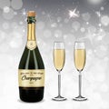 Vector Realistic green with gold label Champagne bottle and glasses with sparkling white wine isolated on white shine background. Royalty Free Stock Photo