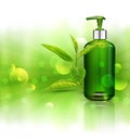 Vector realistic, green, transparent bottle 3d with soap pump, Royalty Free Stock Photo