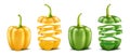 Vector realistic green, yellow bell peppers, slices
