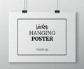 Vector realistic horizontal hanging poster mock up for your design or picture on grey wall background