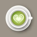 Vector realistic illustration of cup with matcha latte drink. Top view of realistic hot green beverage. 3d template of mug