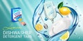 Lemon fragrance dishwasher detergent tabs ads. Vector realistic Illustration with dishes in water splash and citrus fruits. Horizo