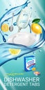 Lemon fragrance dishwasher detergent tabs ads. Vector realistic Illustration with dishes in water splash and citrus fruits. Vertic