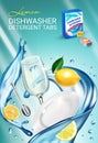 Lemon fragrance dishwasher detergent tabs ads. Vector realistic Illustration with dishes in water splash and citrus fruits. Vertic