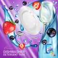 Berries fragrance dishwasher detergent tabs ads. Vector realistic Illustration with dishes in water splash, strawberry and blackcu Royalty Free Stock Photo