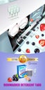 Berries fragrance dishwasher detergent tabs ads. Vector realistic Illustration with dishwasher in kitchen counter and detergent pa