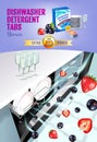 Berries fragrance dishwasher detergent tabs ads. Vector realistic Illustration with dishwasher in kitchen counter and detergent pa