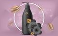 Vector realistic illustration with empty black shampoo or gel bubbles. Tropical Hawaiian flowers and golden leaves. Banner for