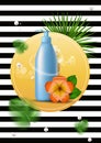 Vector realistic illustration with empty blue shampoo or gel bubbles. Tropical Hawaiian flower and green leaves. Banner for