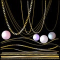 Vector Realistic Illustration Of Gold Chains And Pearls Jewelry Elements Isolated On Black Background Royalty Free Stock Photo
