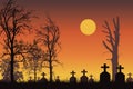 Vector realistic illustration of a haunted cemetery with tombstones, cross and trees without leaves under a dramatic orange sky w Royalty Free Stock Photo