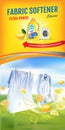 Lemon fragrance fabric softener gel ads. Vector realistic Illustration with laundry clothes and softener rinse container. Vertical