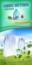 Mint fragrance fabric softener gel ads. Vector realistic Illustration with laundry clothes and softener rinse container. Vertical