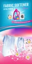 Rose fragrance fabric softener gel ads. Vector realistic Illustration with laundry clothes and softener rinse container. Vertical