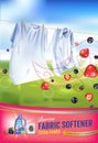 Berries fragrance fabric softener gel ads. Vector realistic Illustration with laundry clothes and softener rinse container. Vertic