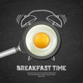 Vector realistic illustration of pan with fried egg and hand drawn alarm clock on black board slate background.