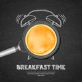 Vector realistic illustration of pan with pancake and hand drawn alarm clock on black board slate background.