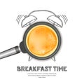 Vector realistic illustration of pan with pancake and hand drawn alarm clock isolated on white background.