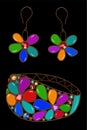 Vector realistic illustration of pretty  vintage bracelet and earrings with colorful stones isolated on black background Royalty Free Stock Photo