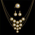 Vector Realistic illustration Of Pretty Luxury Gorgeous Gold Jewelry Set With Pearls Isolated On Black Background Royalty Free Stock Photo