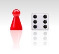 Vector realistic illustration of red plastic figure and white dice with six dots with reflections isolated on white background Royalty Free Stock Photo