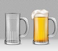 Vector realistic illustration of two transparent glass mugs - one full of beer with foam, the other is empty. Royalty Free Stock Photo