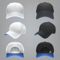 Vector realistic illustration of a white and black textile baseball cap front, back and side view Royalty Free Stock Photo