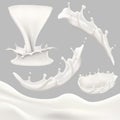 Whole milk big set, pouring and splashing 3d vector realistic illustration