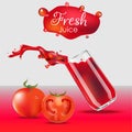 Vector realistic isolated illustration of tomato juice in glass and tomato fruits.  Tomato juice splash from falling glass Royalty Free Stock Photo