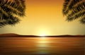 Vector realistic landscape with sunset by the sea in tropical paradise and silhouettes of palms