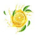 Vector realistic lemon splash flow with leaves