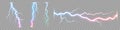 Vector realistic lightning strike. Discharge electricity thunderbolt on transparent background