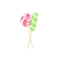 Vector realistic lollipops. Cute illustration of two three-dimensional colorful glossy striped candies on sticks