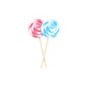 Vector realistic lollipops. Cute illustration of two three-dimensional colorful glossy striped candies on sticks