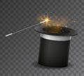 Vector realistic magic wand and hat with golden light effects is Royalty Free Stock Photo