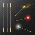 Vector realistic magic wands with transparent colorful light eff