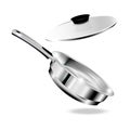 Vector realistic mockup of empty steel frying pan with handle and lid. Stainless steel cookware isolated on white Royalty Free Stock Photo